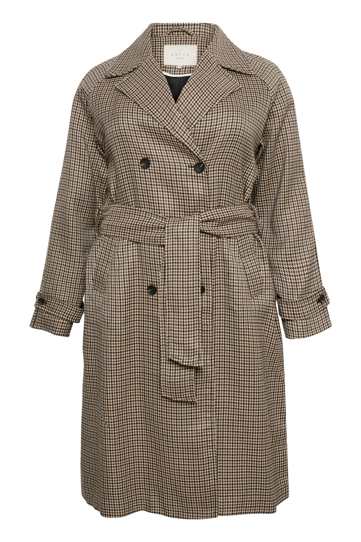 trenchcoat met pied de poule print - kaffe curve - - grote maten - dameskleding - kledingwinkel - herent - leuven