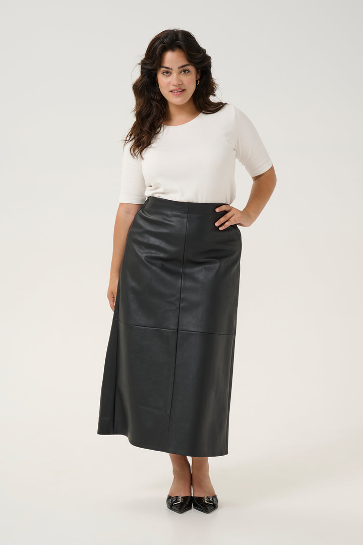 zwarte midi-rok in faux leather met split