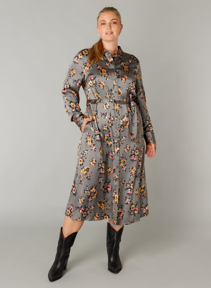 Grijze Bloemenprint Hemdjurk