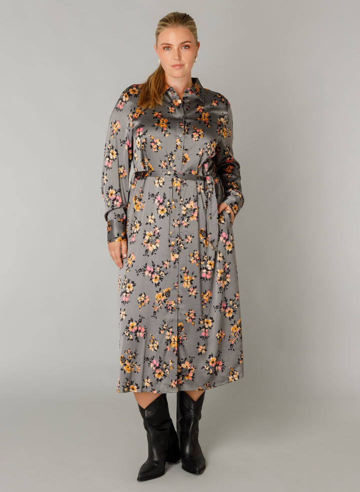 Grijze Bloemenprint Hemdjurk