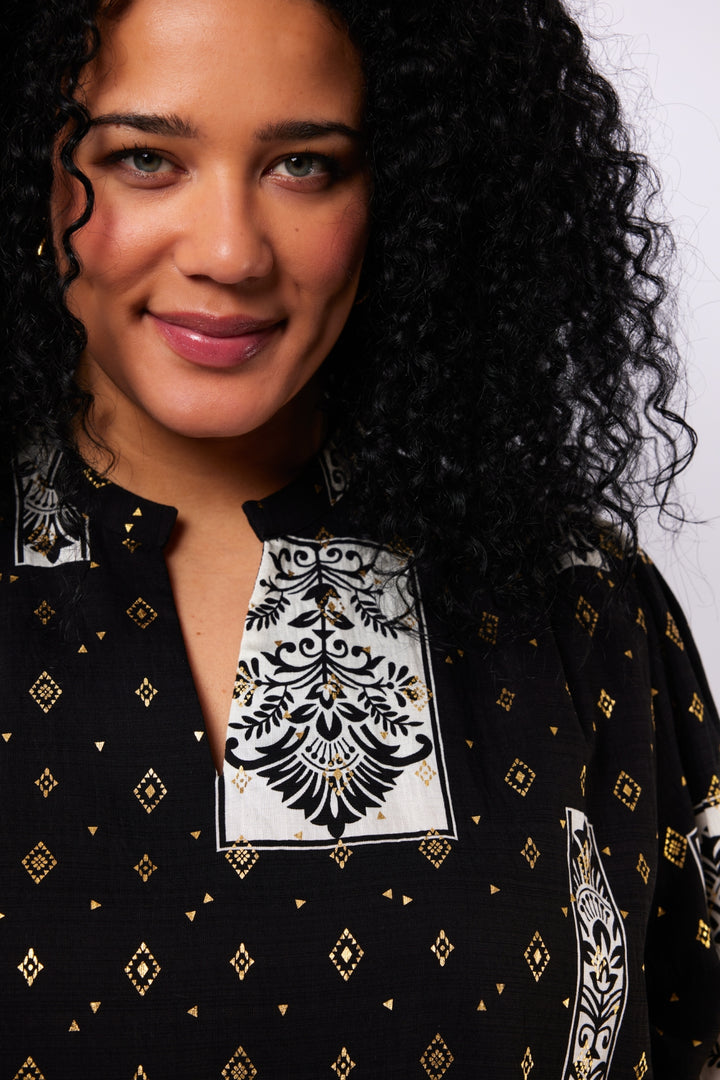 Zwart-Gouden Blouse Met Printpatroon