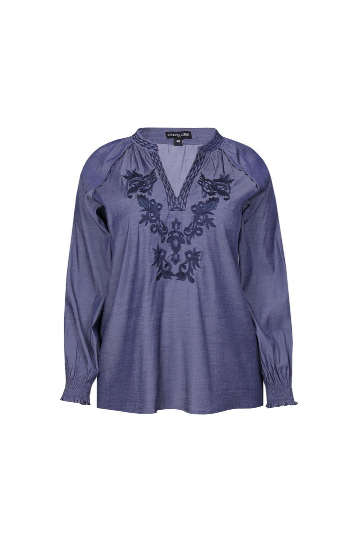 Jeansblauwe Blouse Met Borduursel