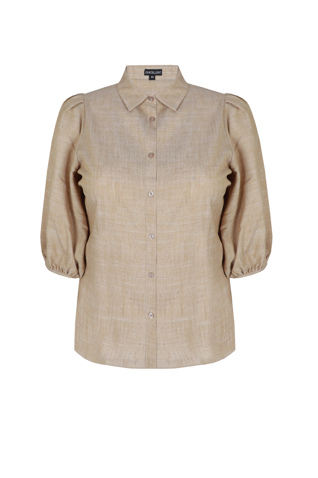 Camel Linnen Blouse Met Kraag