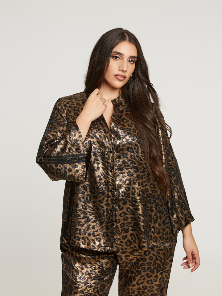 Statement blouse with leopard print and metallic sheen