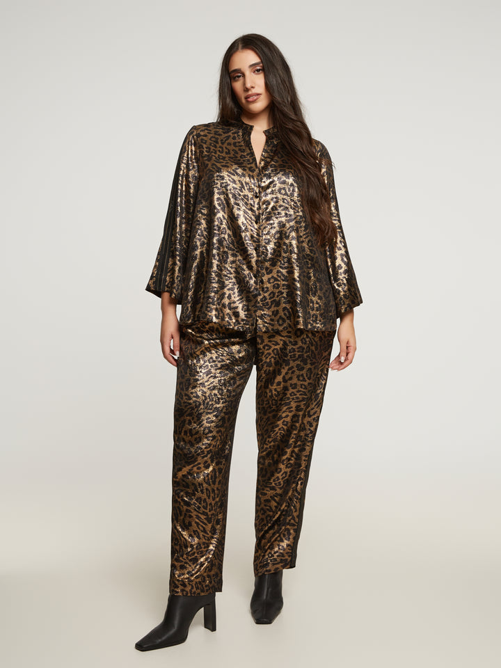 Statement blouse with leopard print and metallic sheen