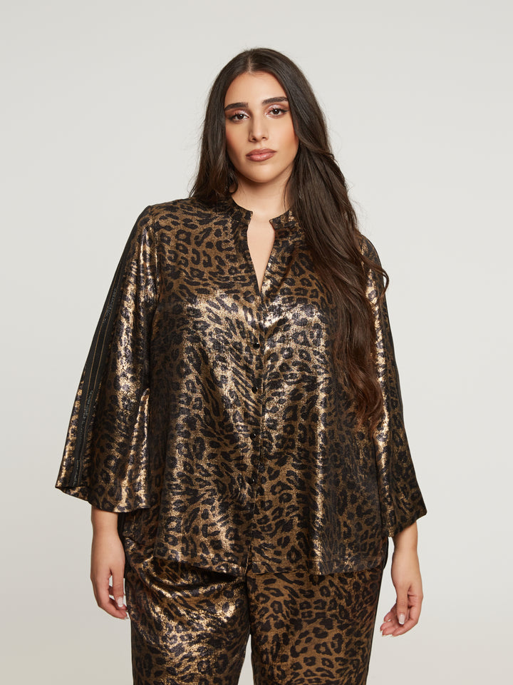 Statement blouse with leopard print and metallic sheen