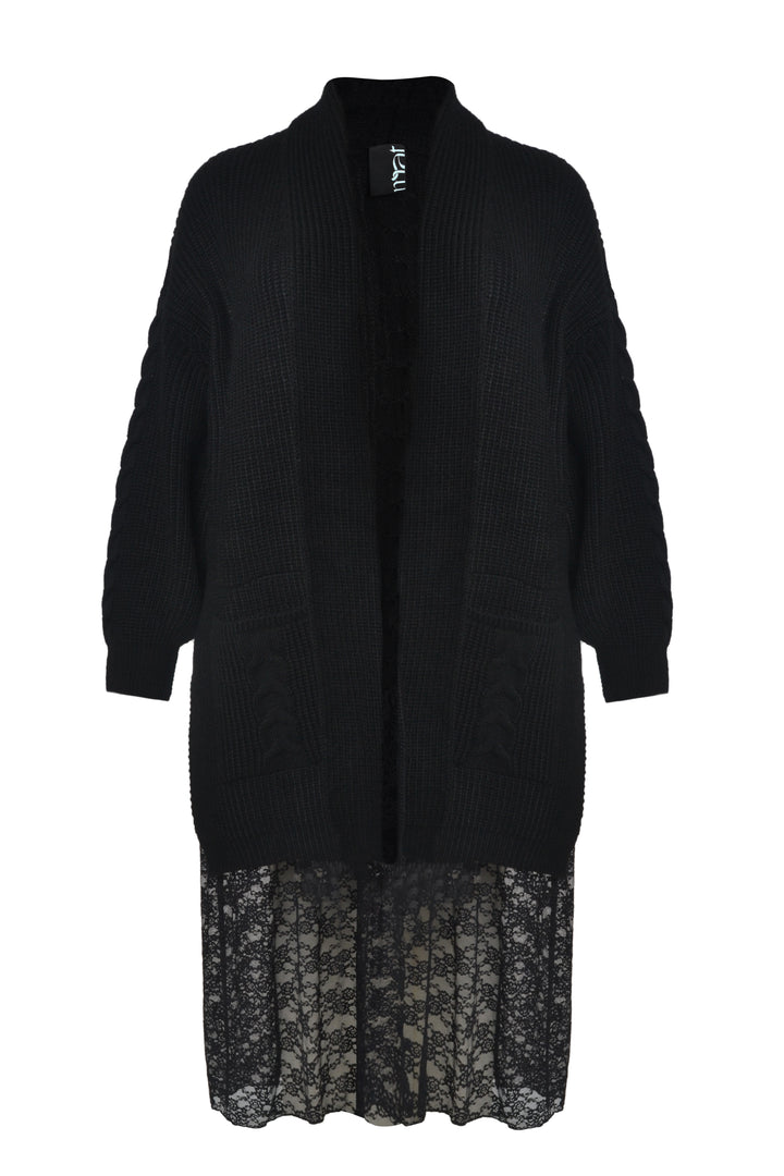 Stijlvolle Lange Zwarte Gebreide Cardigan met Kant