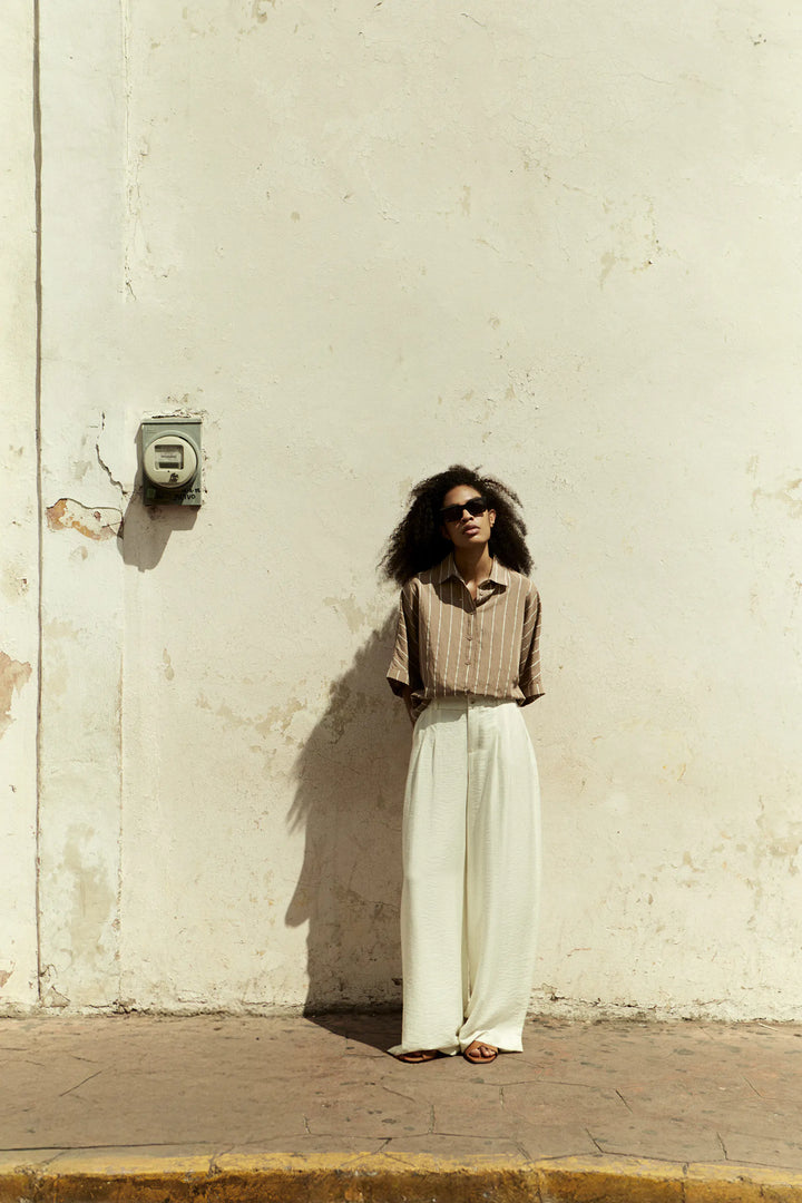 Ecru Bandplooibroek Met Wijde Pijpen