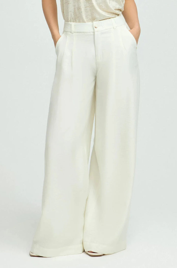 Ecru Bandplooibroek Met Wijde Pijpen