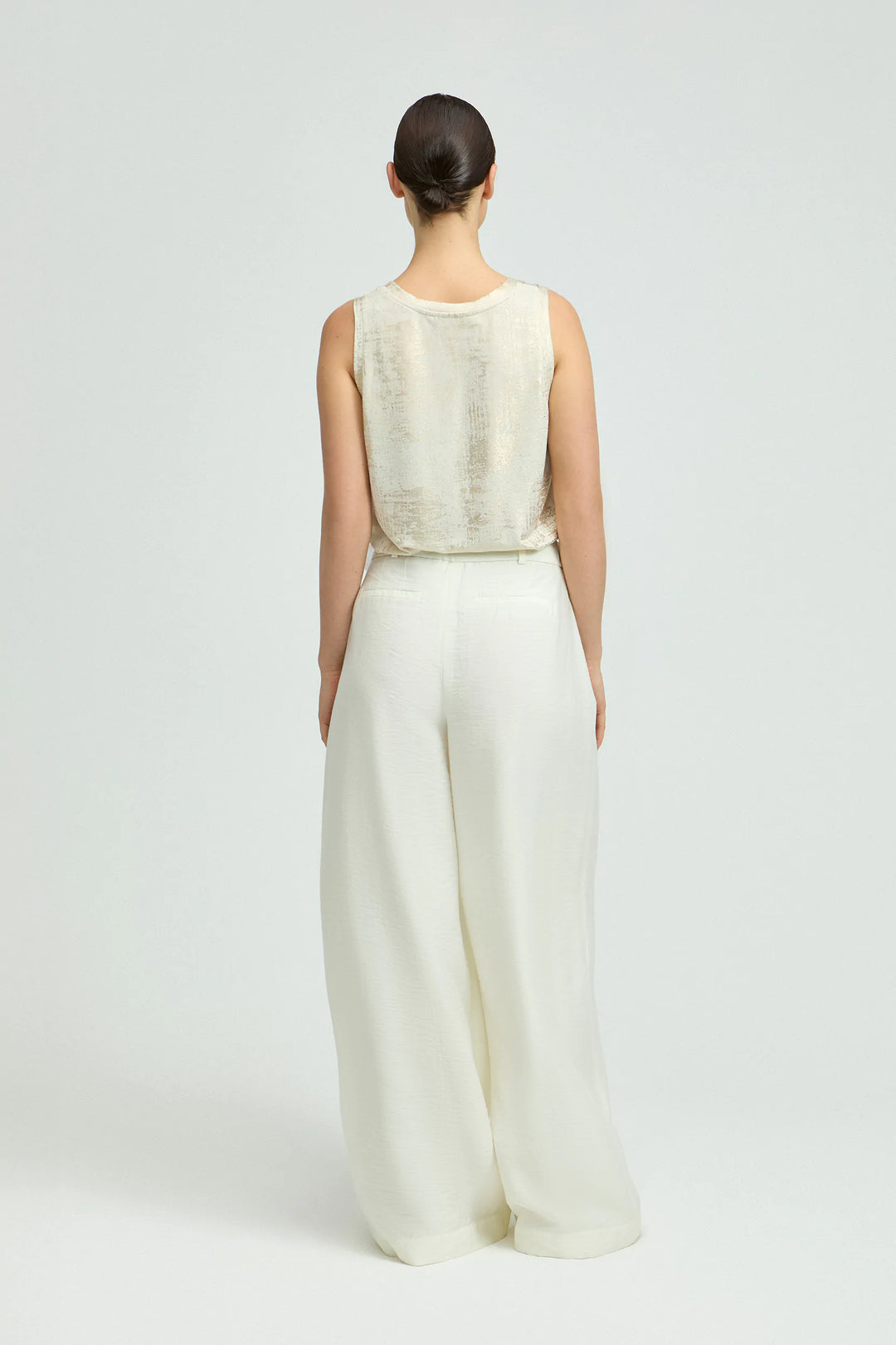 Ecru Bandplooibroek Met Wijde Pijpen