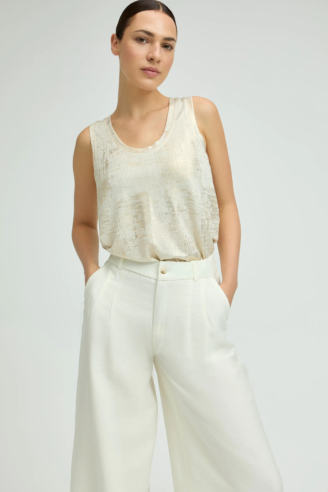 Ecru Bandplooibroek Met Wijde Pijpen