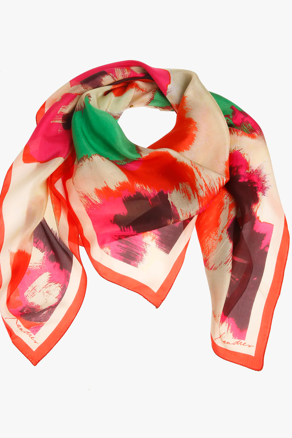zijde sjaal met prachtig motief - xandres - silk-flower-scarf-papaya - grote maten - dameskleding - kledingwinkel - herent - leuven