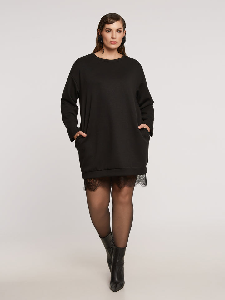 Zwarte Sweaterjurk Met Kanten Zoom