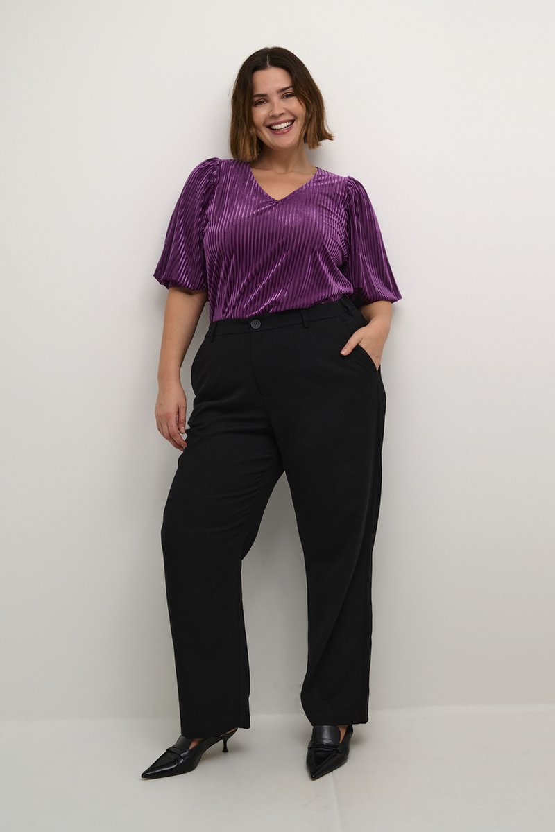 Paarse Blouse Met Velvet Strepen En V-Hals