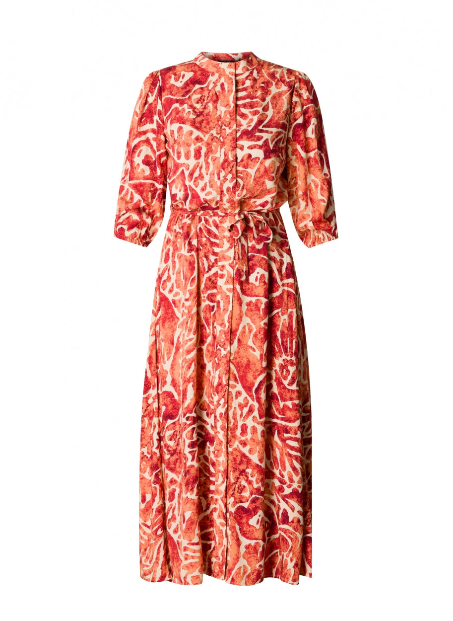 lange doorknoopjurk met rode print - yesta - - grote maten - dameskleding - kledingwinkel - herent - leuven