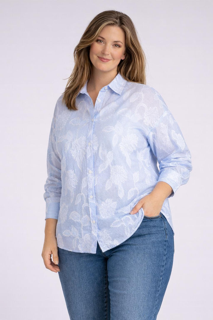 Blauw-Witte Katoenen Blouse Bloemen