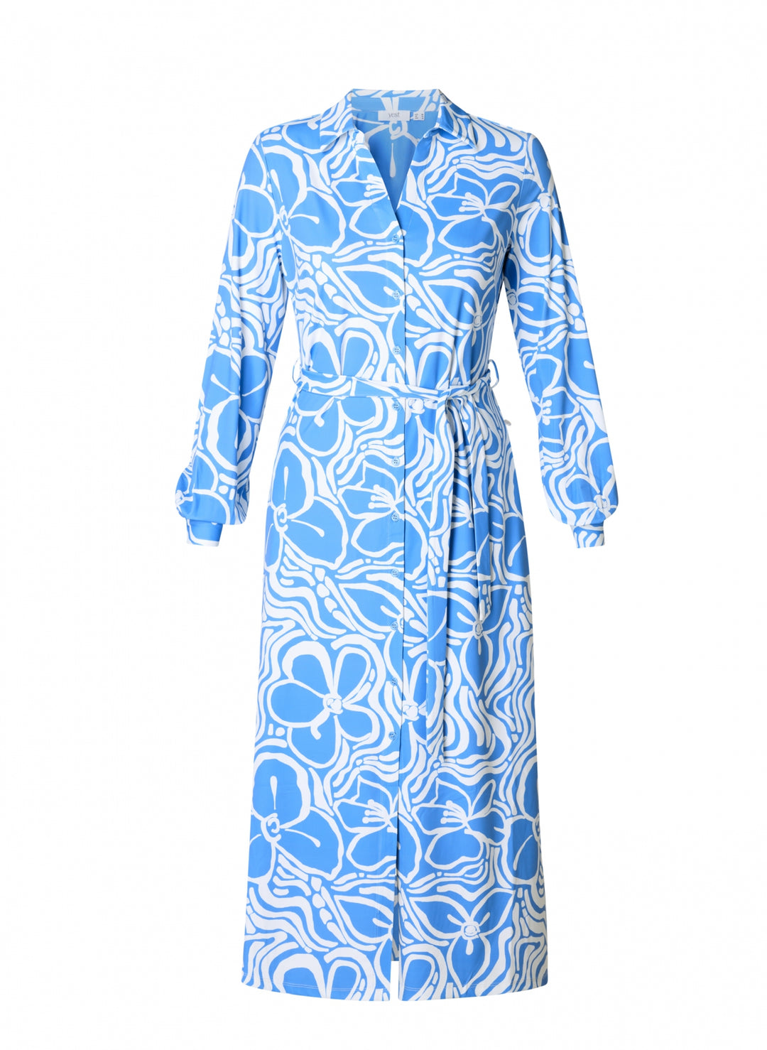 Blauw-witte maxi doorknoopjurk