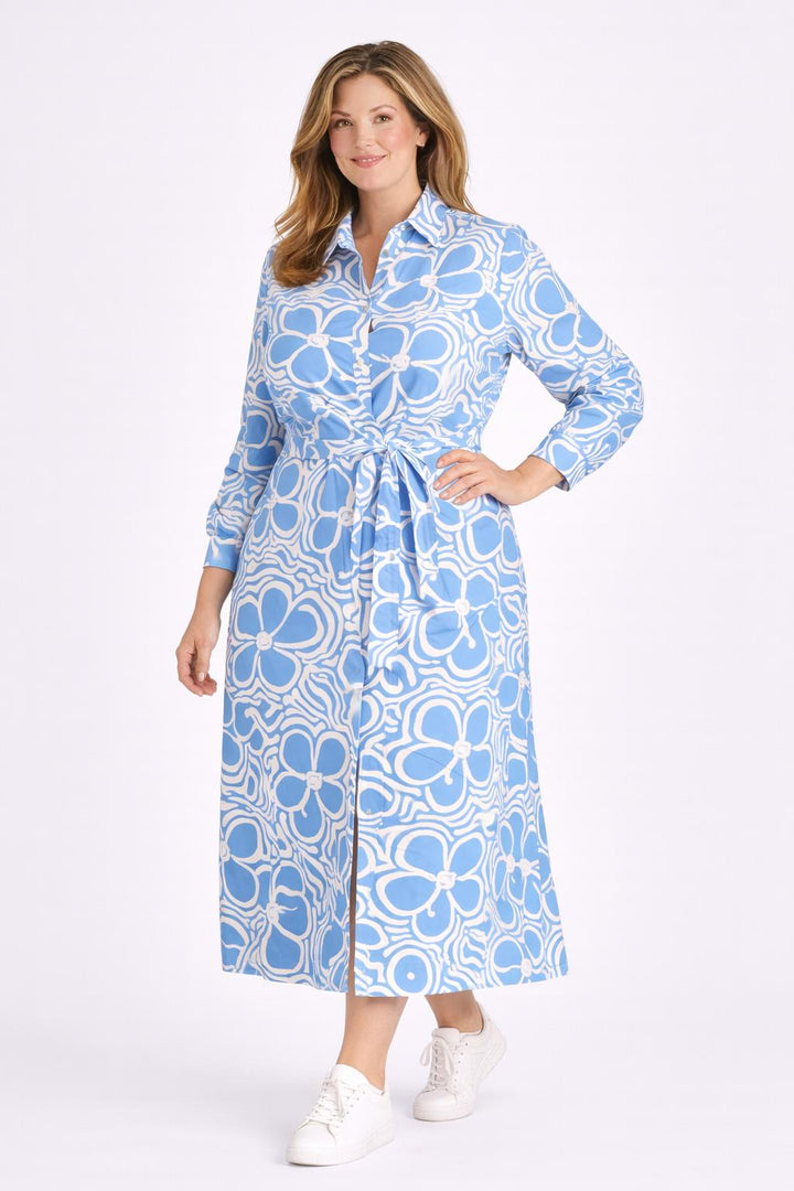 Blauw-witte maxi doorknoopjurk