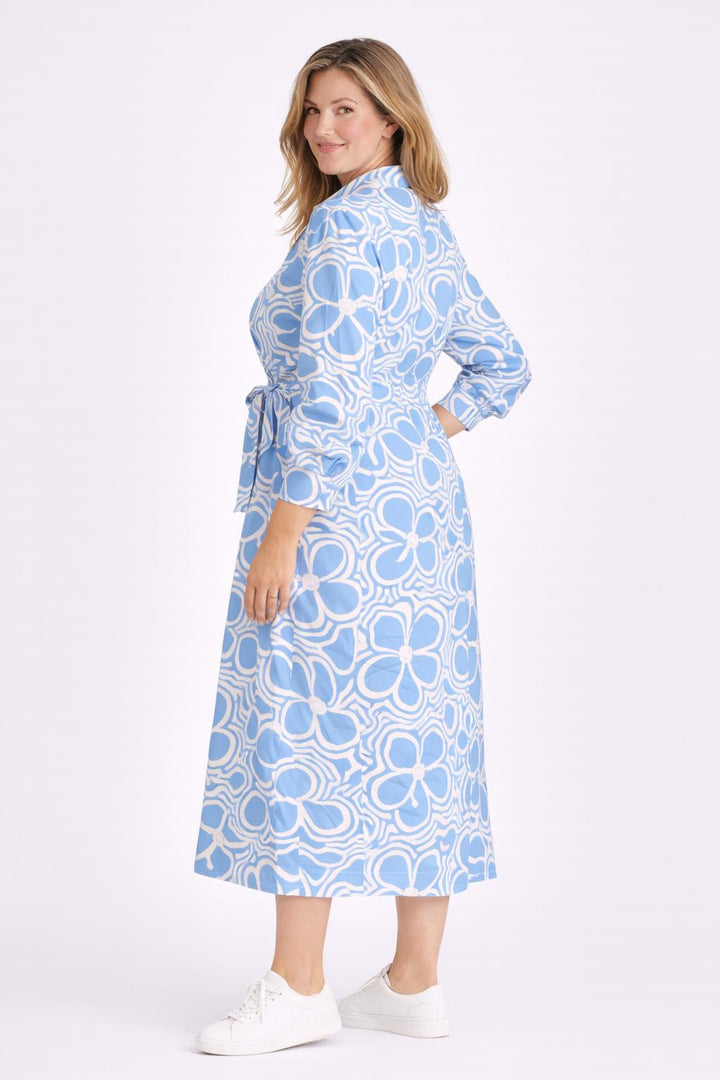 Blauw-witte maxi doorknoopjurk