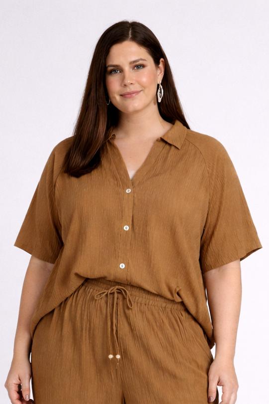 Camelkleurige Blouse Met Kreukeffect