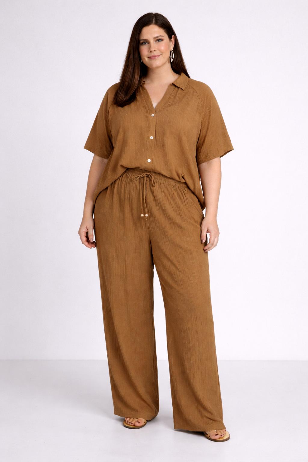 Camelkleurige Blouse Met Kreukeffect