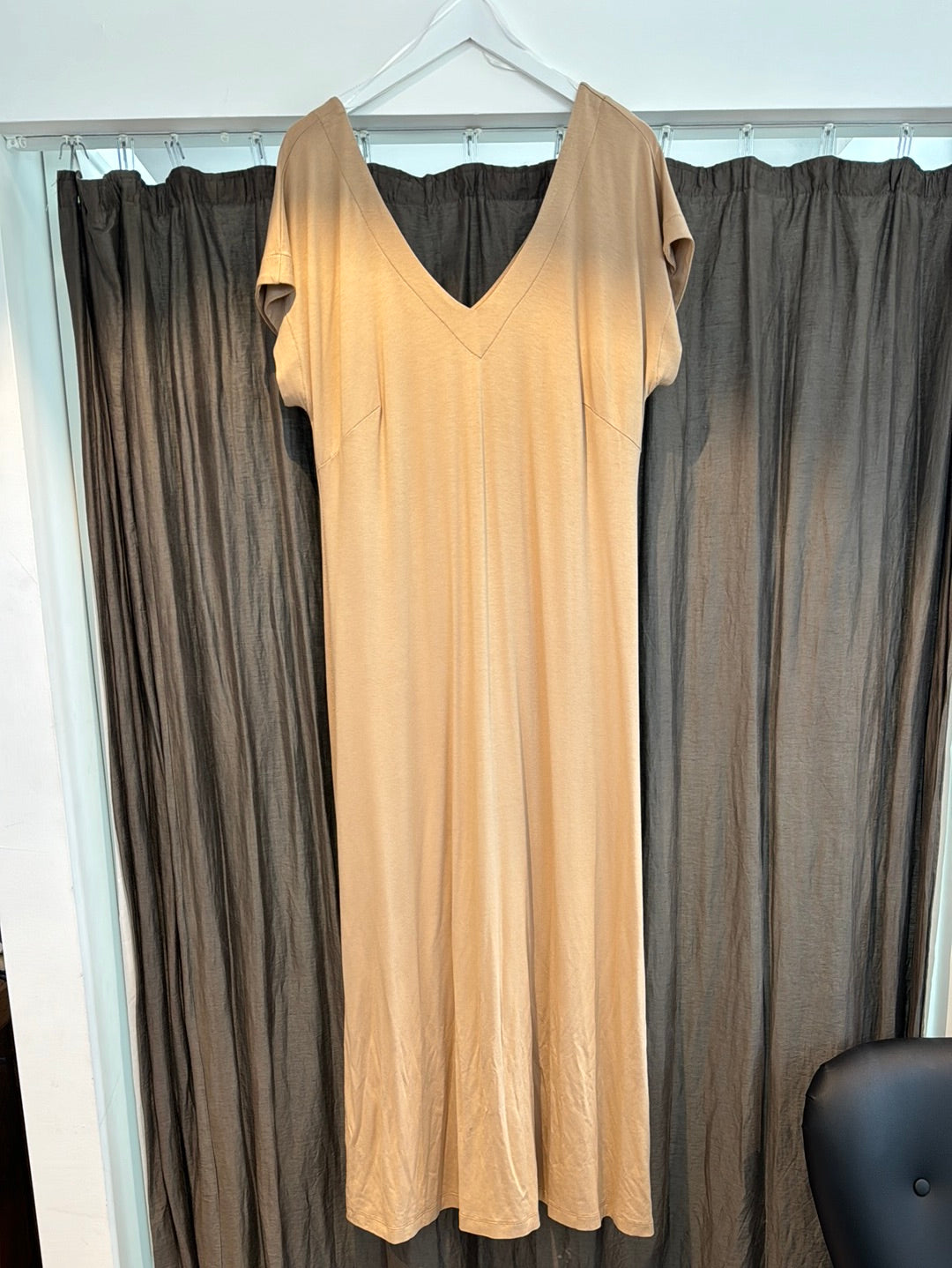 light brown basic dress with v-neck