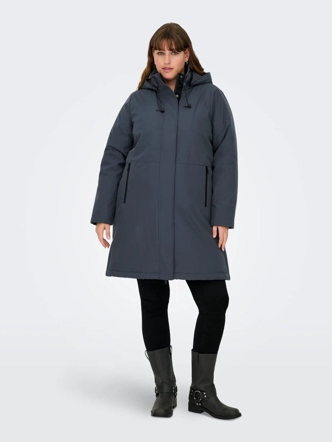 donkerblauwe winterjas met capuchon