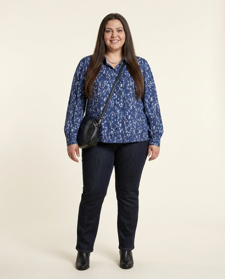 Donkerblauwe Blouse met Verfijnde Print