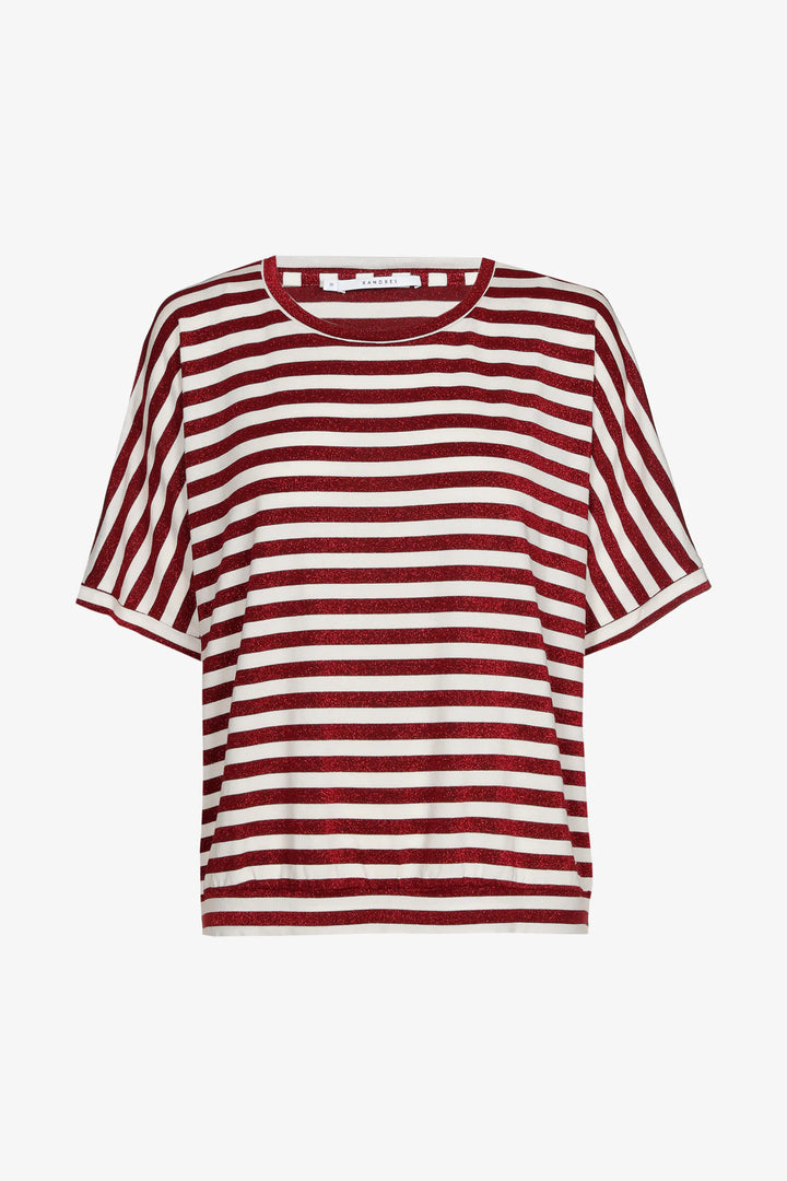 Gestreepte T-shirt Met Glansdraad In Cranberry