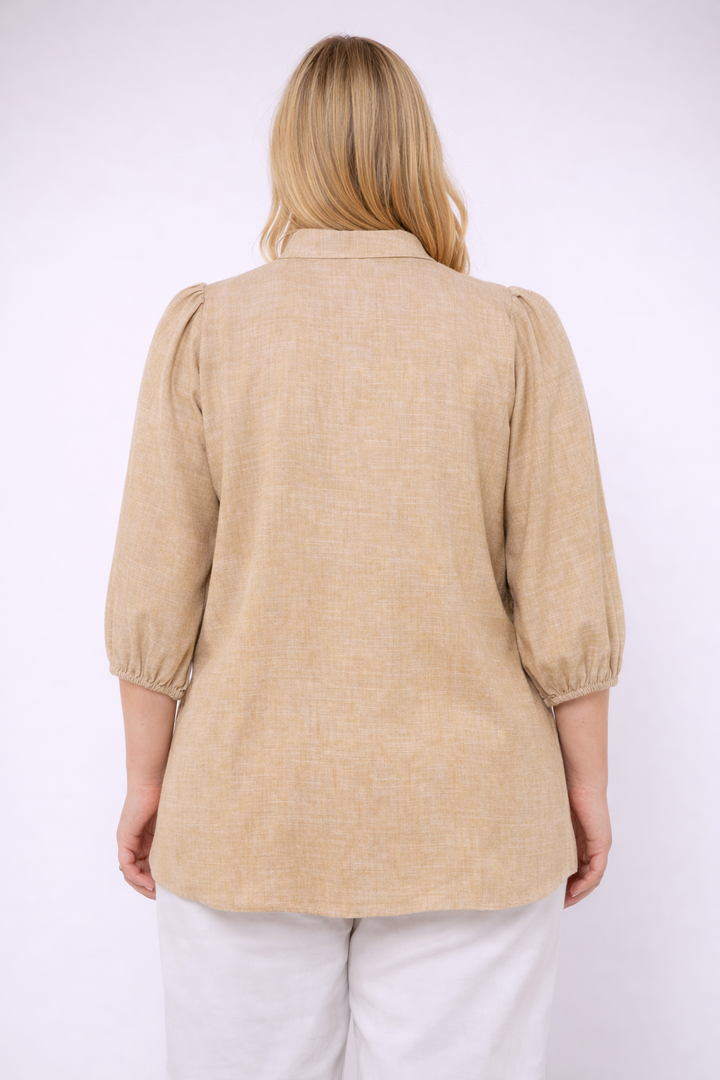 Camel Linnen Blouse Met Kraag