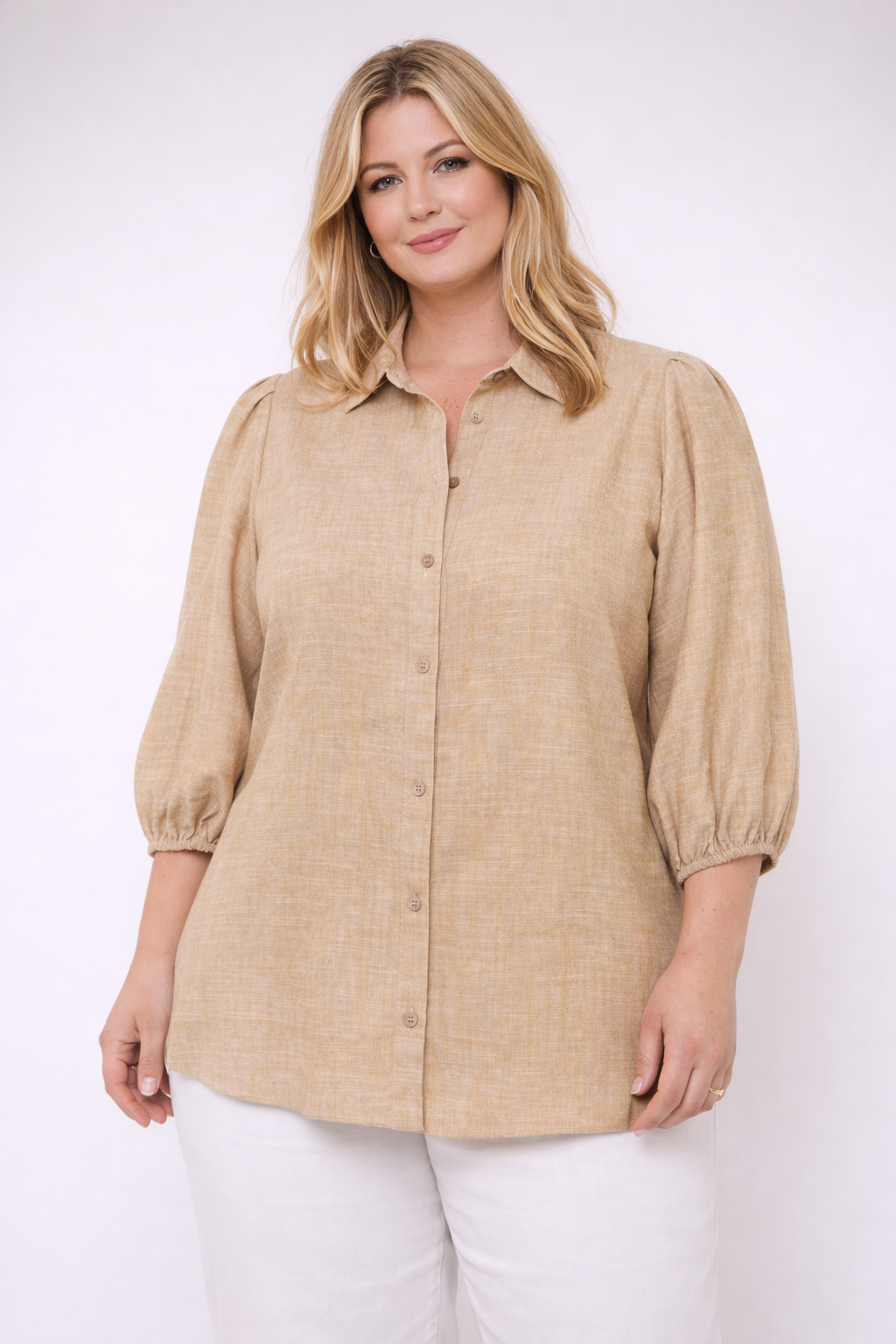 Camel Linnen Blouse Met Kraag