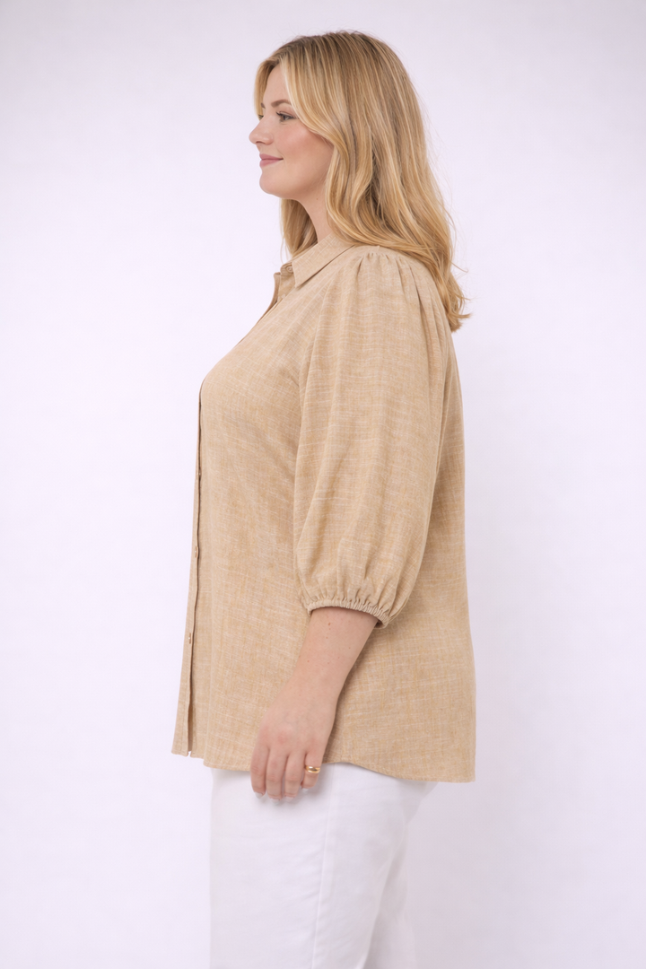 Camel Linnen Blouse Met Kraag