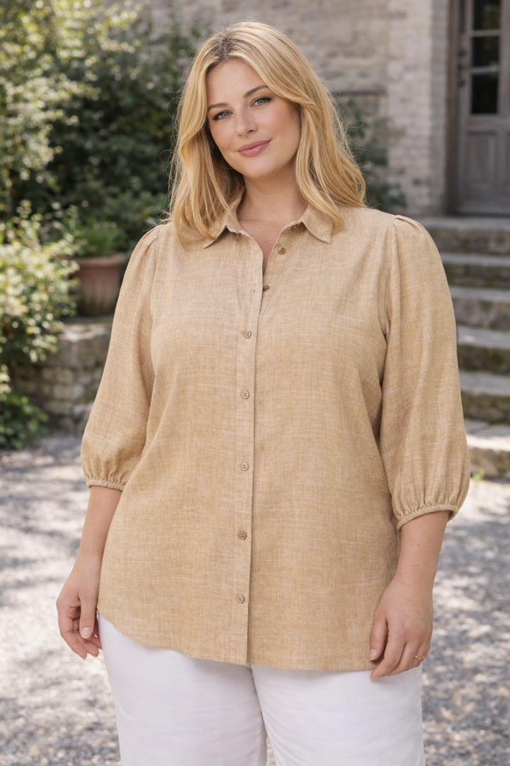 Camel Linnen Blouse Met Kraag