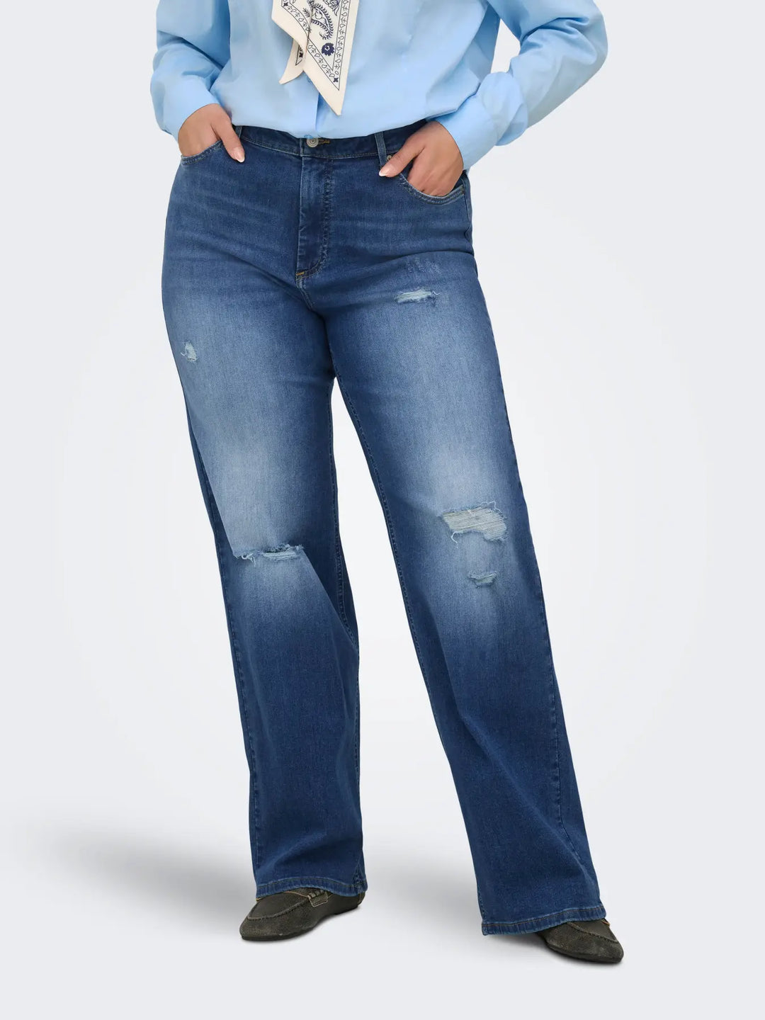 Blauwe Wide Fit Jeans Met Destroyed Details