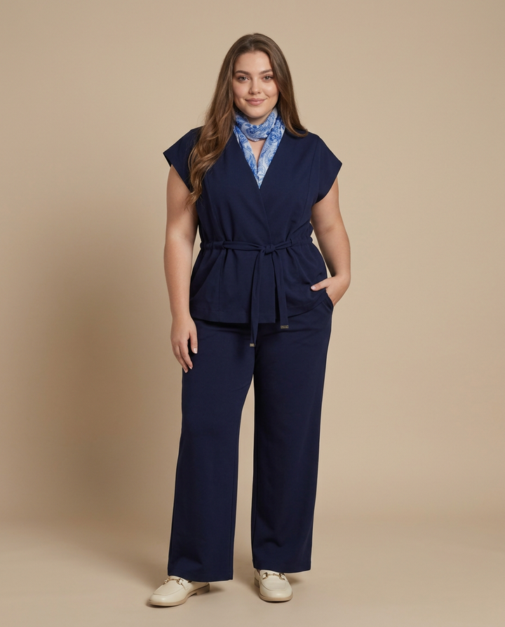 Donkerblauwe Mouwloze Cardigan met Strik