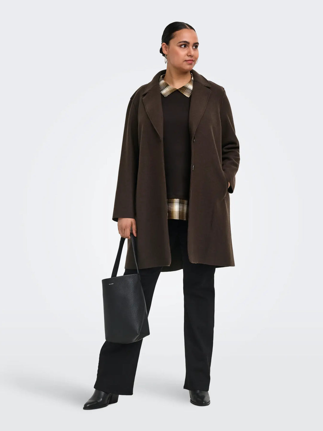 Bruine Lange Damesmantel met Revers