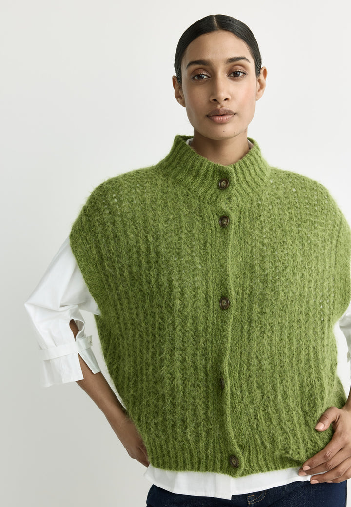 Olijfgroene Cardigan in Alpacawol met Opstaand Kraagje