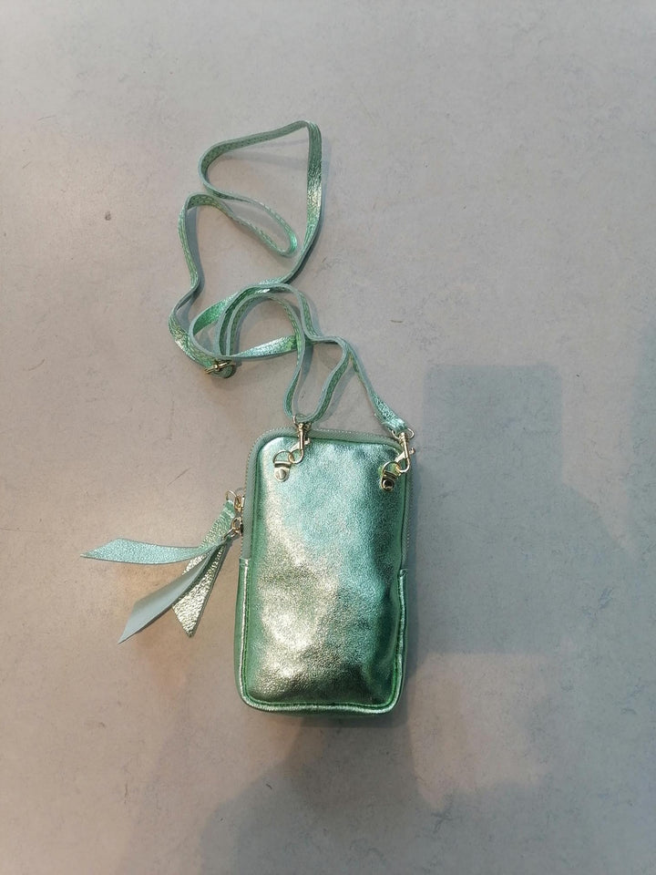 Mini mint metallic crossbody tas van leder - axent - ITA003-shiny-mint - grote maten - dameskleding - kledingwinkel - herent - leuven