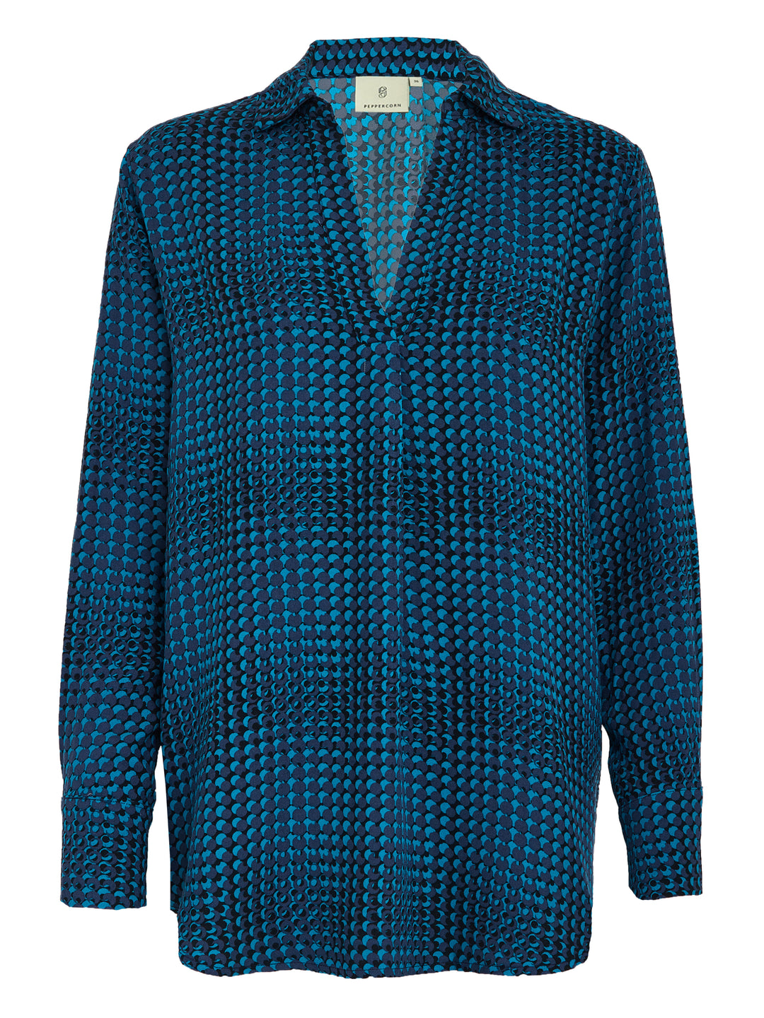 blauwe-zwarte blouse met V-hals - peppercorn - - grote maten - dameskleding - kledingwinkel - herent - leuven