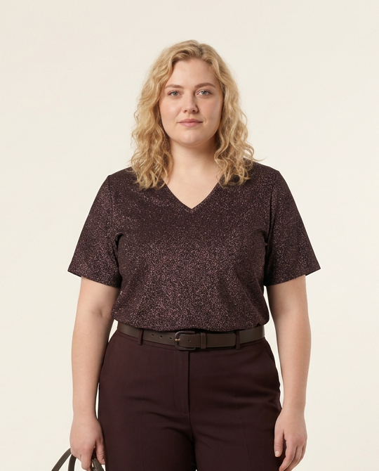 Pruimkleurig Glanzend T-shirt met V-hals
