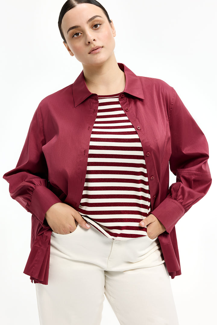 Gestreepte T-shirt Met Glansdraad In Cranberry