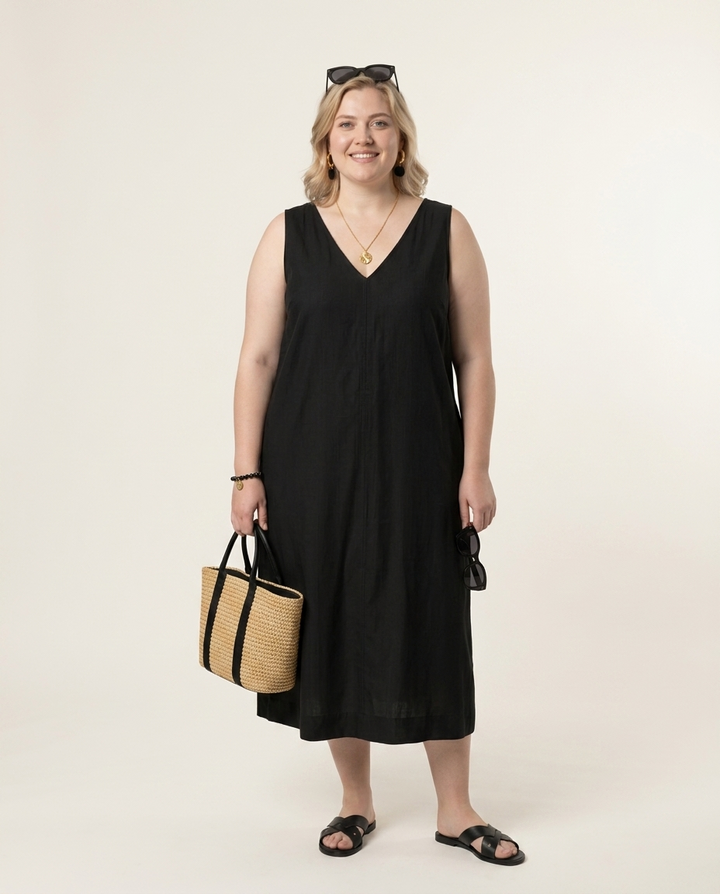 Zwarte Midi Jurk V-Hals