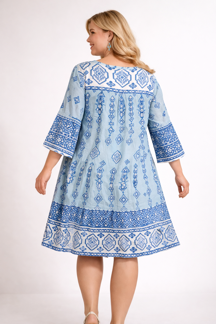 Blauwe Print Jurk Met Borduursel