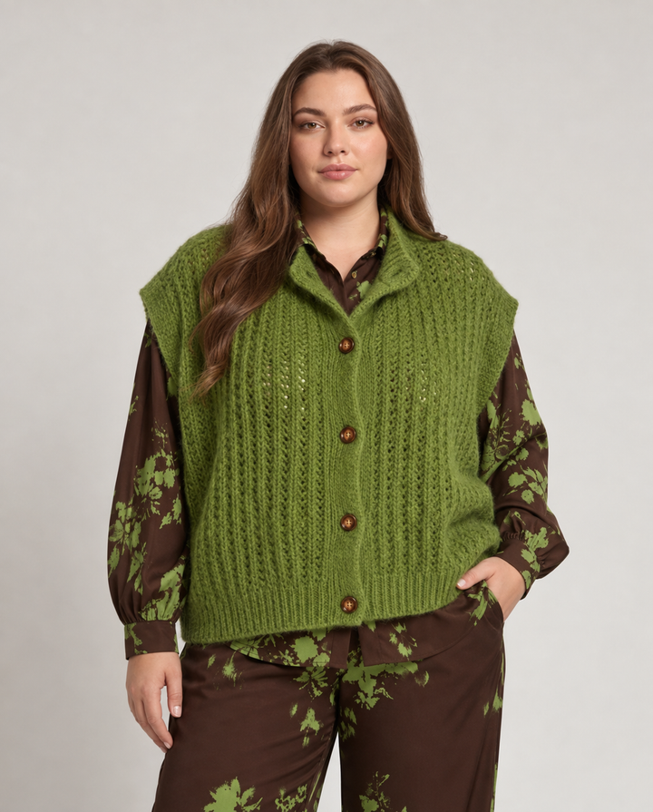 Olijfgroene Alpaca Cardigan met Opstaande Kraag