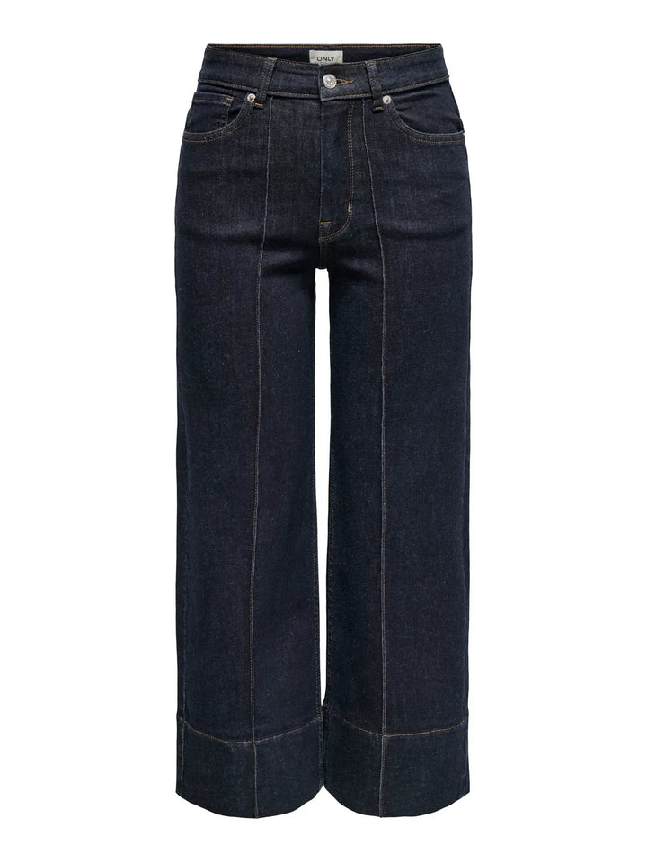 donkerblauwe jeans met brede zoom