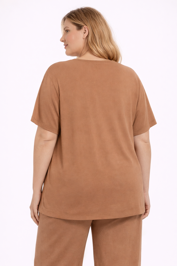 Tabaksbruine Piqué T-shirt Met Strikdetail