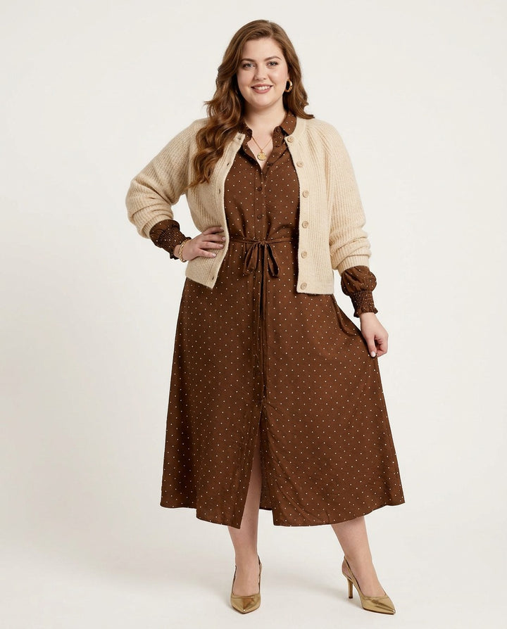 Bruine Polkadot Midi Jurk