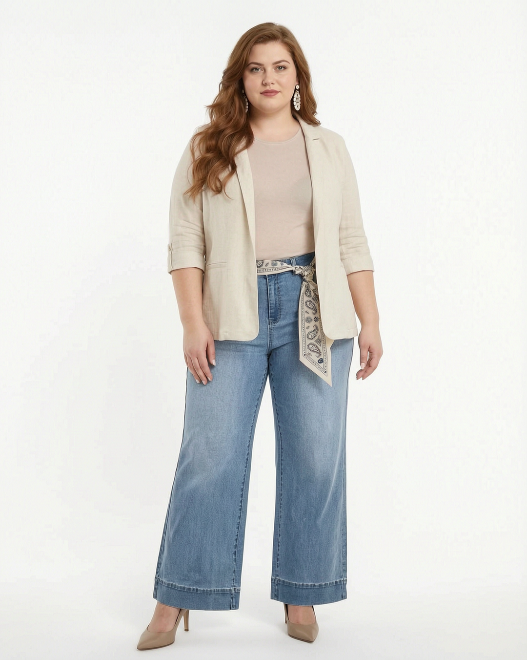 Ecru Blazer Met Linnenlook En 3/4 Mouwen