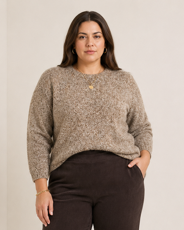 Beige-Bruine Gemêleerde Gebreide Trui