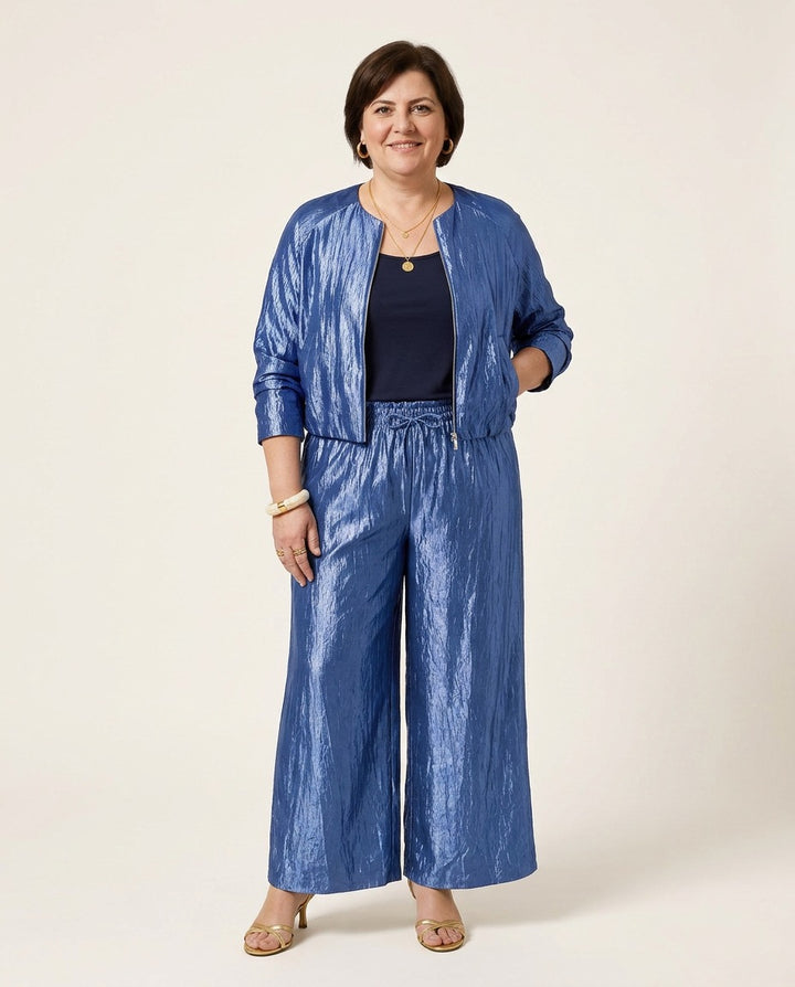 Faded Blue Glanzende Wide Leg Broek